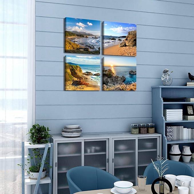 Beach Scene Canvas Wall Art Oregon Coast Landscape Pictures for Living Room Ocean Sunrise Wall Decor Nautical Seascape Paintings Framed Artworks Family Bathroom Bedroom Home Decorations 16x16” 4 Pcs