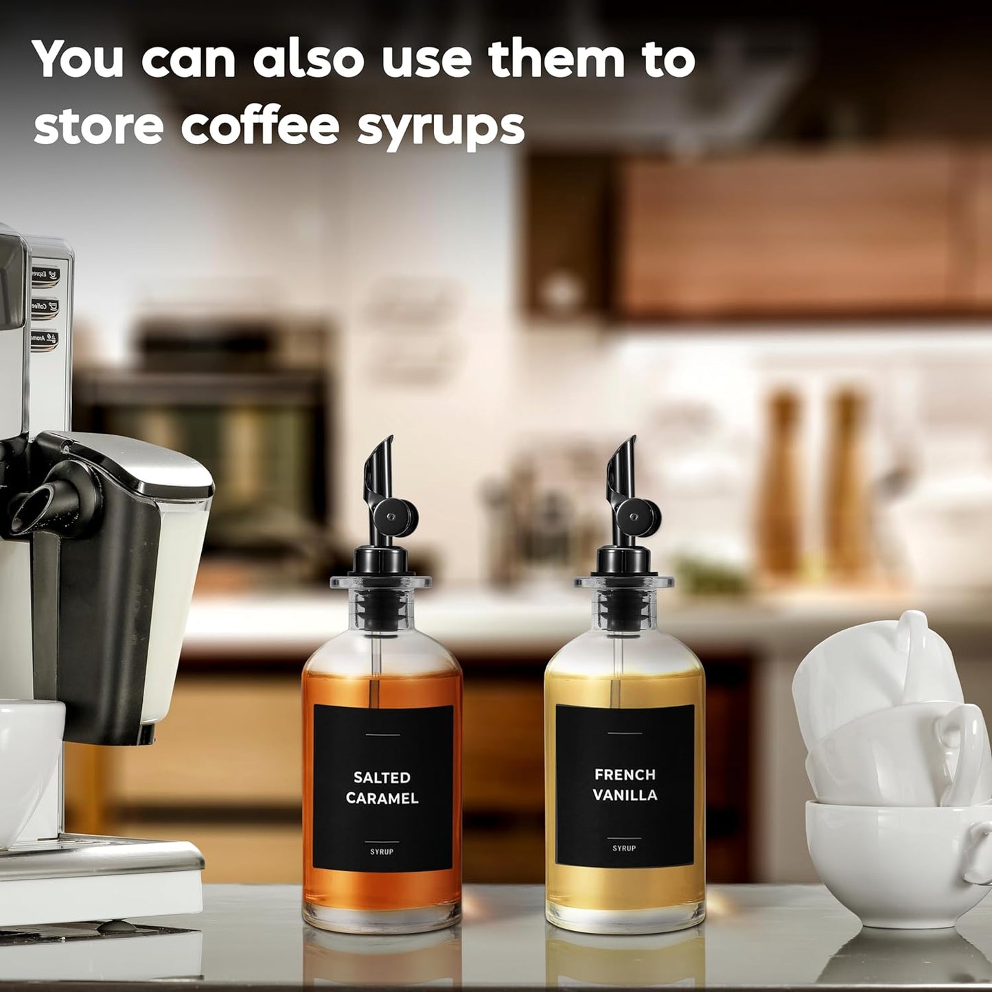Olive Oil Dispenser Bottle - Includes 55 Kitchen Essential Labels - Cooking Oil Bottles for Kitchen, Coffee Syrup Dispenser - Pourer Spout with 11.8 fl oz Glass Container Cruet - 2pcs, Black