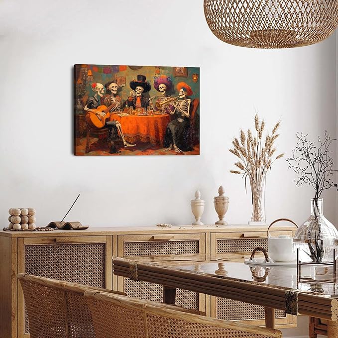 Halloween Canvas Wall Art Skull Wall Decor Skeletons Party Canvas Prints Pictures Mexican Day of the Dead Festival Posters Gothic Painting for Living Room Bedroom Kitchen Home Decorations 16x24"