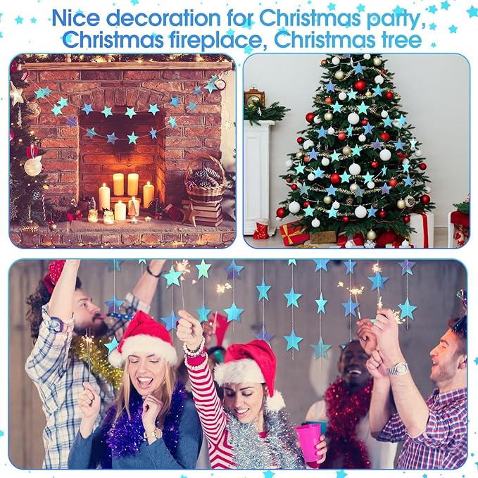 Patelai Glitter Star Garland Banner 2026 Graduation Decor 130 Feet Star Hanging Banner Twinkle Backdrop for Party Birthday Classroom Wedding Supplies(Iridescent Blue)
