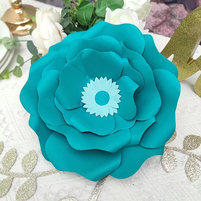 Turquoise Teal Paper Flower with Gold Leaf for Wall Living Room Bed Room Wall Decoration Wedding Birthday Bridal Baby Shower Party Floral Decor Pack of 6
