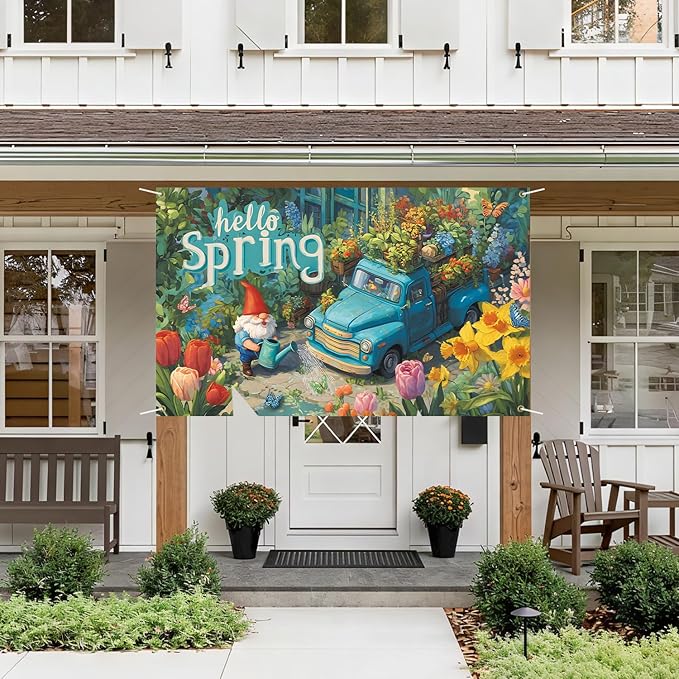 Hello Spring Backdrop 71'' x 43'' Hello Spring Banner Gnome Daisy Butterfly Backdrop Decorations for Photography Background Photo Prop Booth Party Decor