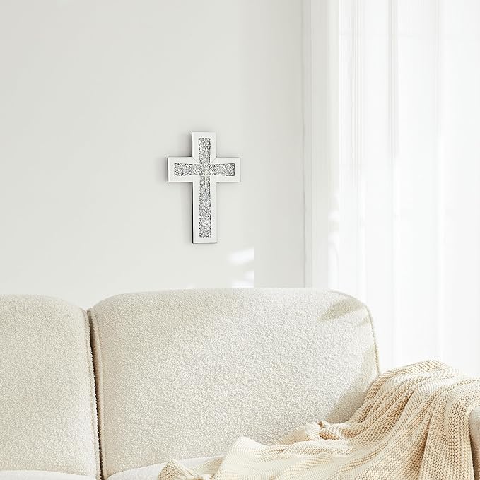 Cross Wall Decor, Silver Mirrored Cross for Living Room, Crystal Crush Diamond Mirror Crosses, Religious Wall Art, Home Decor
