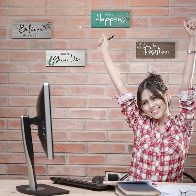 4 Pcs Office Decor For Women Motivational Wall Decor Rustic Inspirational Sign With Positive Sayings Wooden Hangings for Home Office Bathroom Bedroom Kitchen(Teal 10x4")