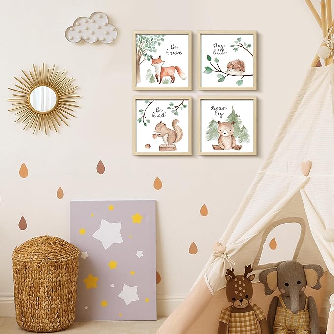 ArtbyHannah Framed Woodland Nursery Wall Decor, 10x10 Inch Cute Baby Safari Wall Art, Green Kids Art Frame with Forest Animals Prints for Playroom Classroom Bathroom Baby Shower Decoration(4 Pack)