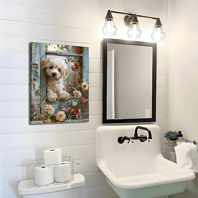 Framed Poodle Canvas Wall Art, Funny Teddy Dog Poster Print, Abstract Dog Standing Among Flowers Painting Wall Decor for Dormitory Restroom Bedroom Kids Room Decor 12x16 inch