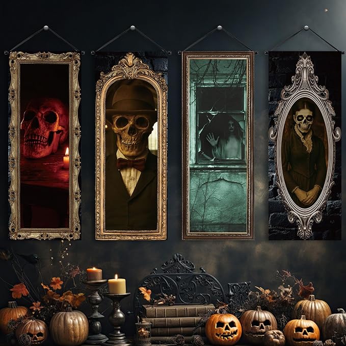 Tiamon 4 Pcs Vintage Christmas Halloween Carnival Porch Banners Retro Santa Clown Stretching Portraits Wall Decorations Gothic Porch Sign Backdrop for Xmas Indoor Outdoor Hanging Decor (Gothic)