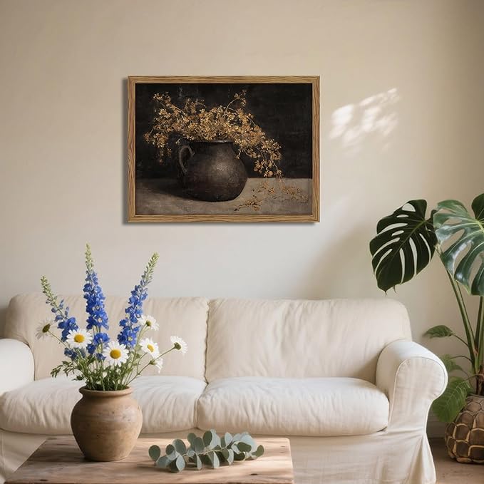 Vintage Dark Framed Wall Art, Farmhouse Floral Autumn Painting, Cottagecore Botanical Vase Wall Decor, Country Cottage Pictures Aesthetics Canvas Print for Living Room Bedroom – 8x10 inch