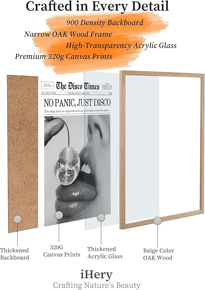 iHery No Panic Just Disco Small Framed Trendy NewsPaper Wall Art,Beige OAK Wood 8x10in Canvas Bedroom Wall Art, Cherry Disco Ball Poster,Magazine Wall Decor For Dorm Living Room Home 1Pack