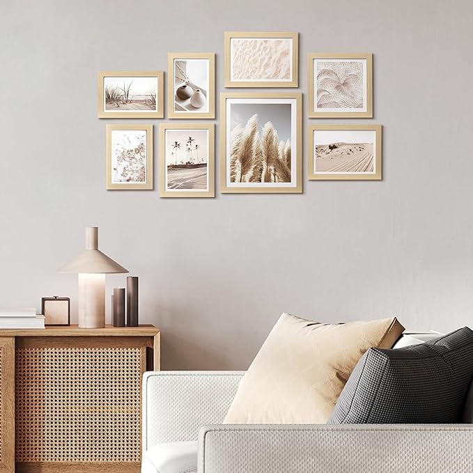 ArtbyHannah Gallery Wall Frame Set, 8 Pack Picture Frames Collage Wall Art Decor with Neutral Pampas Grass for Bedroom, Assorted Size Including 8"x10", 5"x7", 4"x6", 6"x6"(Beige Frame,Small)
