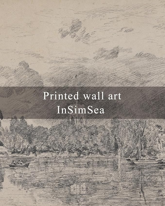 InSimSea Framed Canvas Print Art, Vintage Sketch Church lakeside Landscape Painting, Rustic Farmhouse Cottage Decor for Hallway Wall Floating Shelf Desk Vanity Fireplace,10x8 in, Neutral Tones