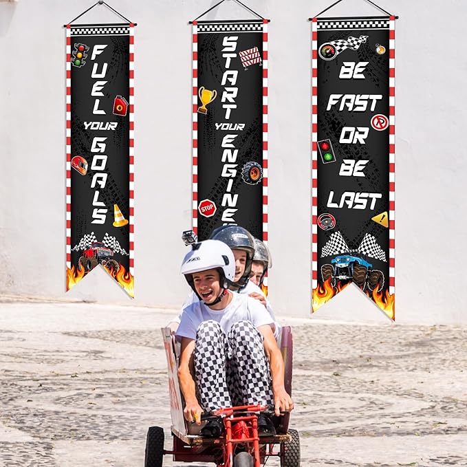 3 Pcs Race Car Party Banners Racing Fans Birthday Decor Monster Truck Hanging Porch Sign Truck Fuel Can Checkered Flag for Car Theme Birthday Party Supplies Inspirational Classroom Decoration