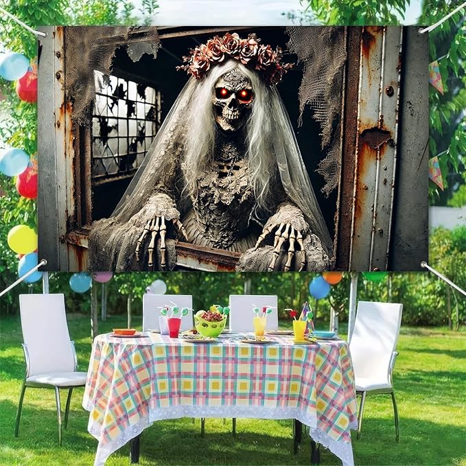 Halloween Skeleton Bride Backdrop 71x43 Inch Gothic Scary Wedding Banner Creepy Zombie Bride Wall Decor for Haunted House Horror Party Trick or Treat Indoor Outdoor Decoration
