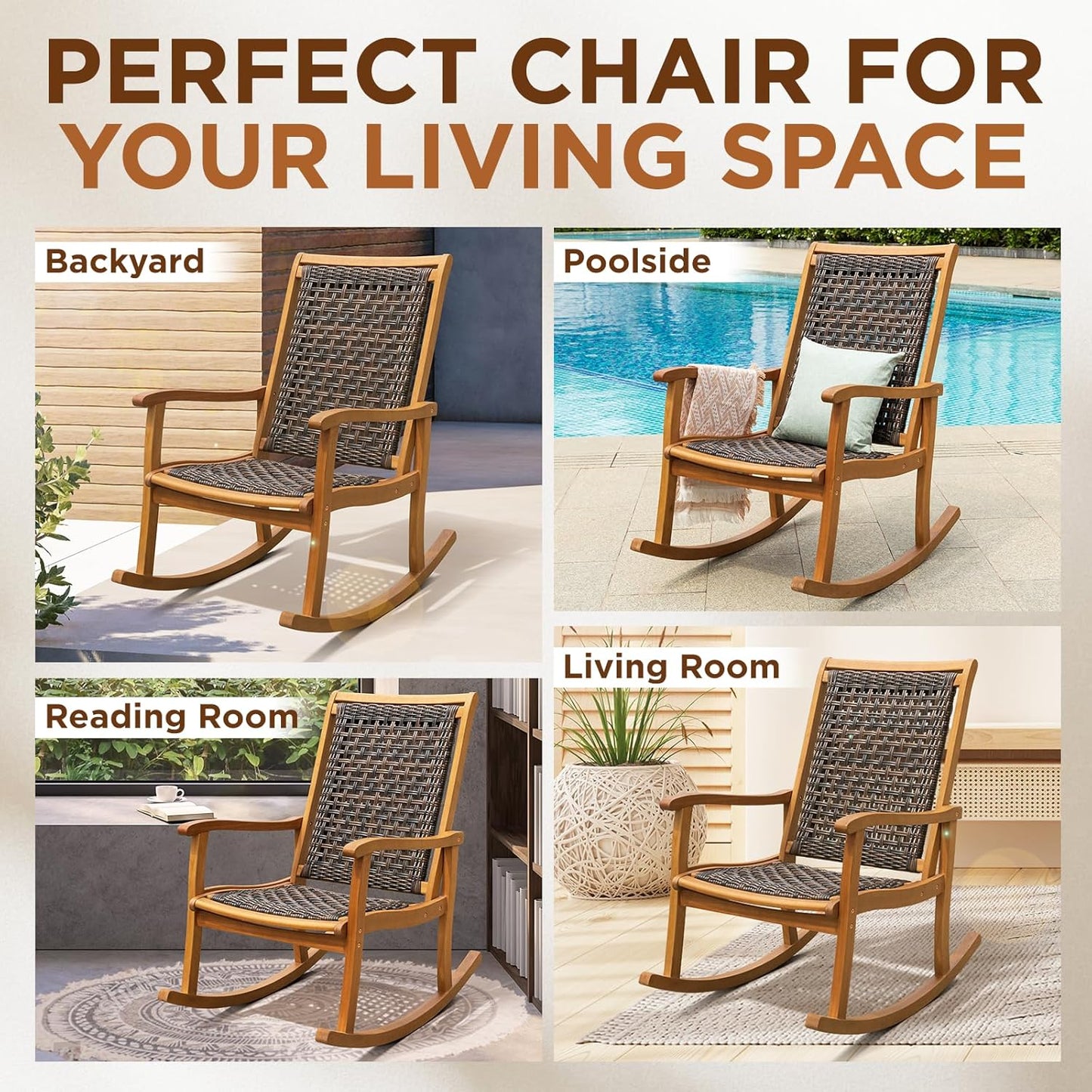 IDZO Wood Wicker Rocking Chair, 400 lbs Capacity, Durable Eucalyptus Wood, Natural Finish, Comfortable Curvy Design, Ideal for Deck, Patio Furniture, and Outdoor Furniture Accent Chair