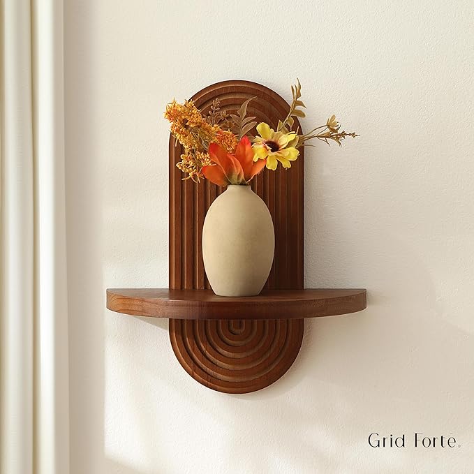 Modern Wall Shelf (Set of 2) with Arched Wood Design Mid-Century Single Floating Rainbow Shelves for Indoor Decoration Holding Planter Ornaments, 14 x 11.6 Inch (Walnut)