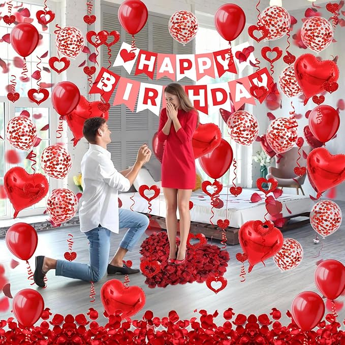 FECEDY Red Happy Birthday Banner Heart-Shaped Aluminum Foil Balloon Round Latex balloons Fake Petals Hanging Streamers for happy Birthday Party Decorations