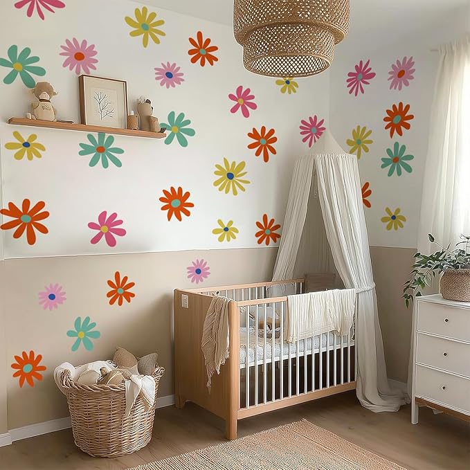 24 PCS Flower Wall Decals Peel and Stick, Daisy Wall Decor for Girls Bedroom, Colorful Daisy