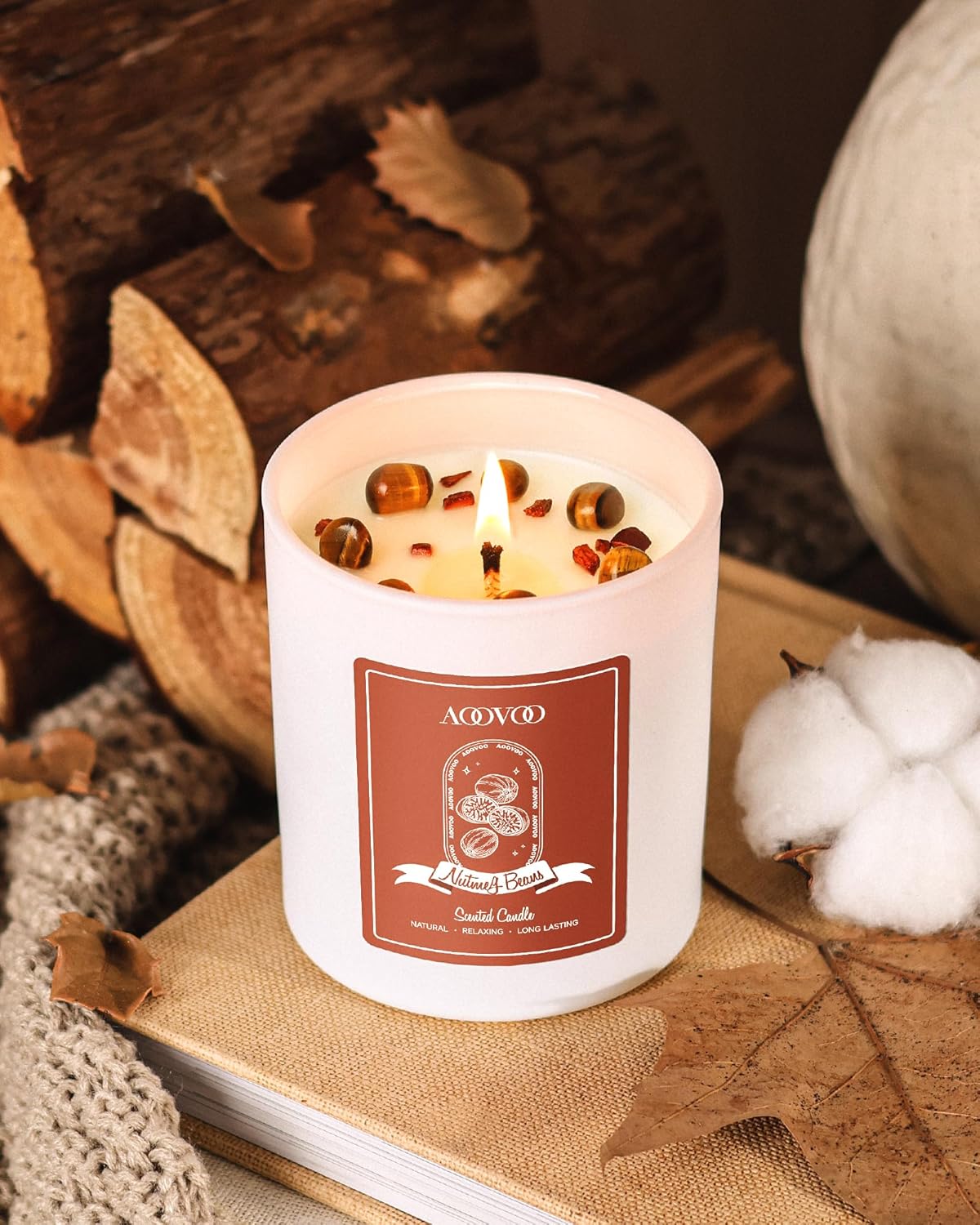 AOOVOO Nutmeg Beans Scented Candles for Women - Aromatherapy Candle with Crystals Inside, 10oz Soy Candles for Home Scented, Birthday Gifts Candle for Women Mom