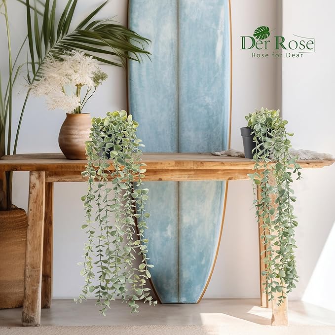 Der Rose 3Pcs Fake Plants Hanging Artificial Decor Faux Potted Eucalyptus Plants for Boho Bathroom Home Office Desk Wall Shelf Bookcase Accessories Decor Indoor