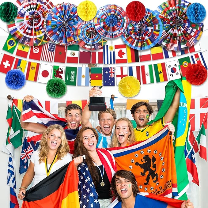 Pasimy 15 Pcs International World Flags Decorations Around The World Hanging Paper Fans Country Flags Banner Bunting Paper Pompoms Honeycomb Ball for Around The Nation Classroom Sport Supplies