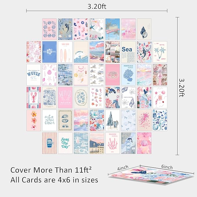 Coastal Granddaughter Room Decor, Pink and Blue Wall Collage Kits, 50 Pcs 4x6 Inch Beachy Aesthetic Wall Art Prints Posters, Coastal Cowgirl Room Dorm Wall Decor for Teen Girls