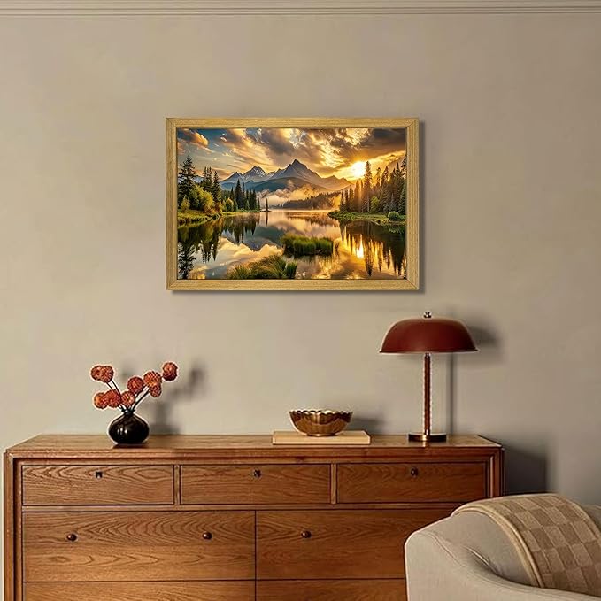 Framed Canvas Wall Art 12x16 Inch, Vintage Landscape Wall Art Decor, Countryside Farmhouse Sunset Landscape Wall Decor, Retro Mountain Vintage Painting Prints for Living Room Bedroom Home Bathroom Decor