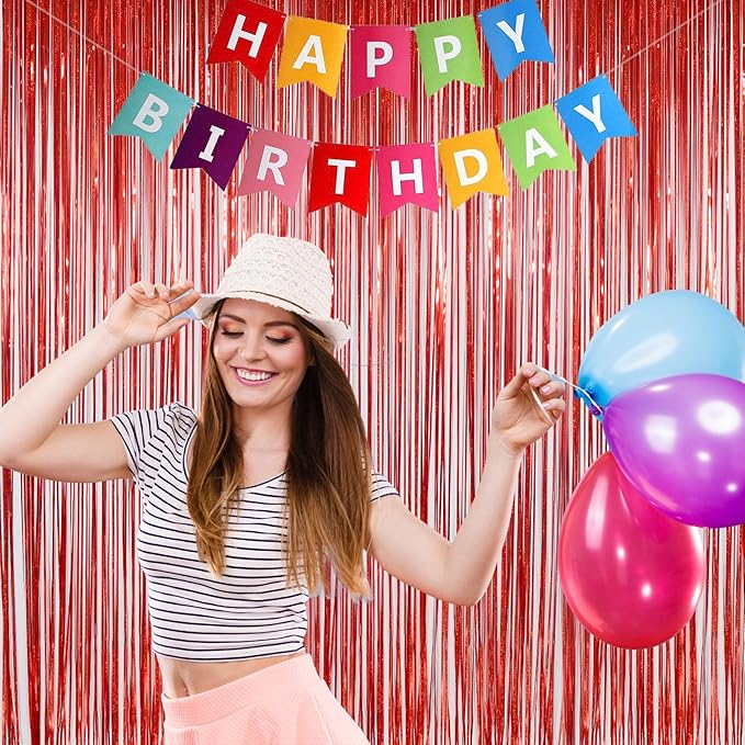 Red Party Streamers Decorations 3 Pack 3.2 x 8.2 ft Shiny Fringe Curtain for Birthday Party Decor, Red Streamers Backdrop, Valentines Day Decorations (Pure Red)