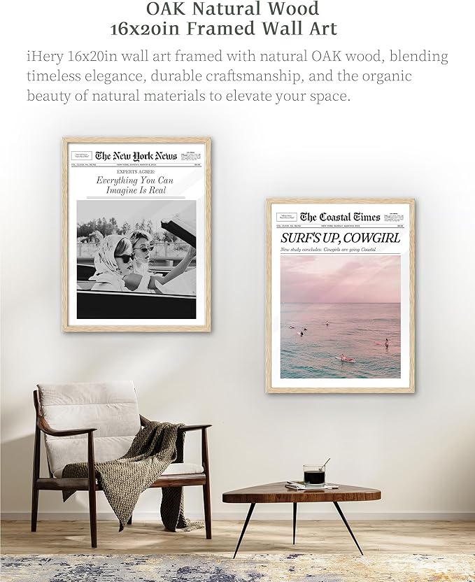 iHery Framed Trendy Coastal Cowgirl NewsPaper Wall Art Prints,Beige OAK Wood Large 16x20in Canvas Wall Decor For Bedroom,Western Vintage Bar Cart,Dorm Retro Surfing Up For Living Room 1Pack