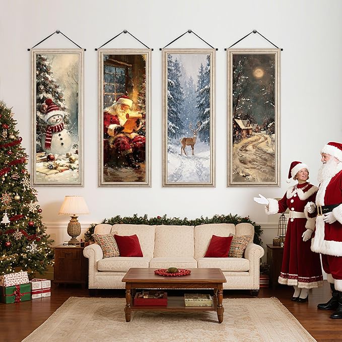 Tiamon 4 Pcs Vintage Christmas Halloween Carnival Porch Banners Retro Santa Clown Stretching Portraits Wall Decorations Gothic Porch Sign Backdrop for Xmas Indoor Outdoor Hanging Decor (Christmas)