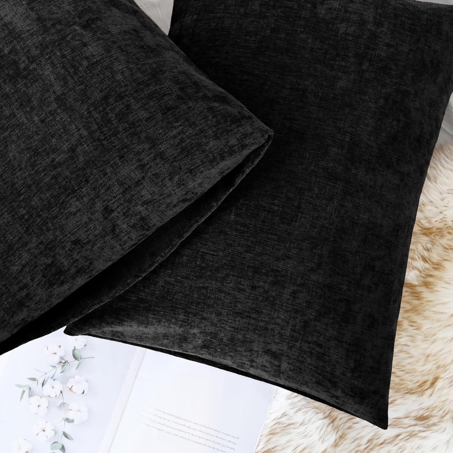 CaliTime Throw Pillow Covers Decorative 20 X 26 Inches Pack of 2 Cozy Chenille Standard Pillow Shams Cases for Couch Sofa Bed Living Room Home Black