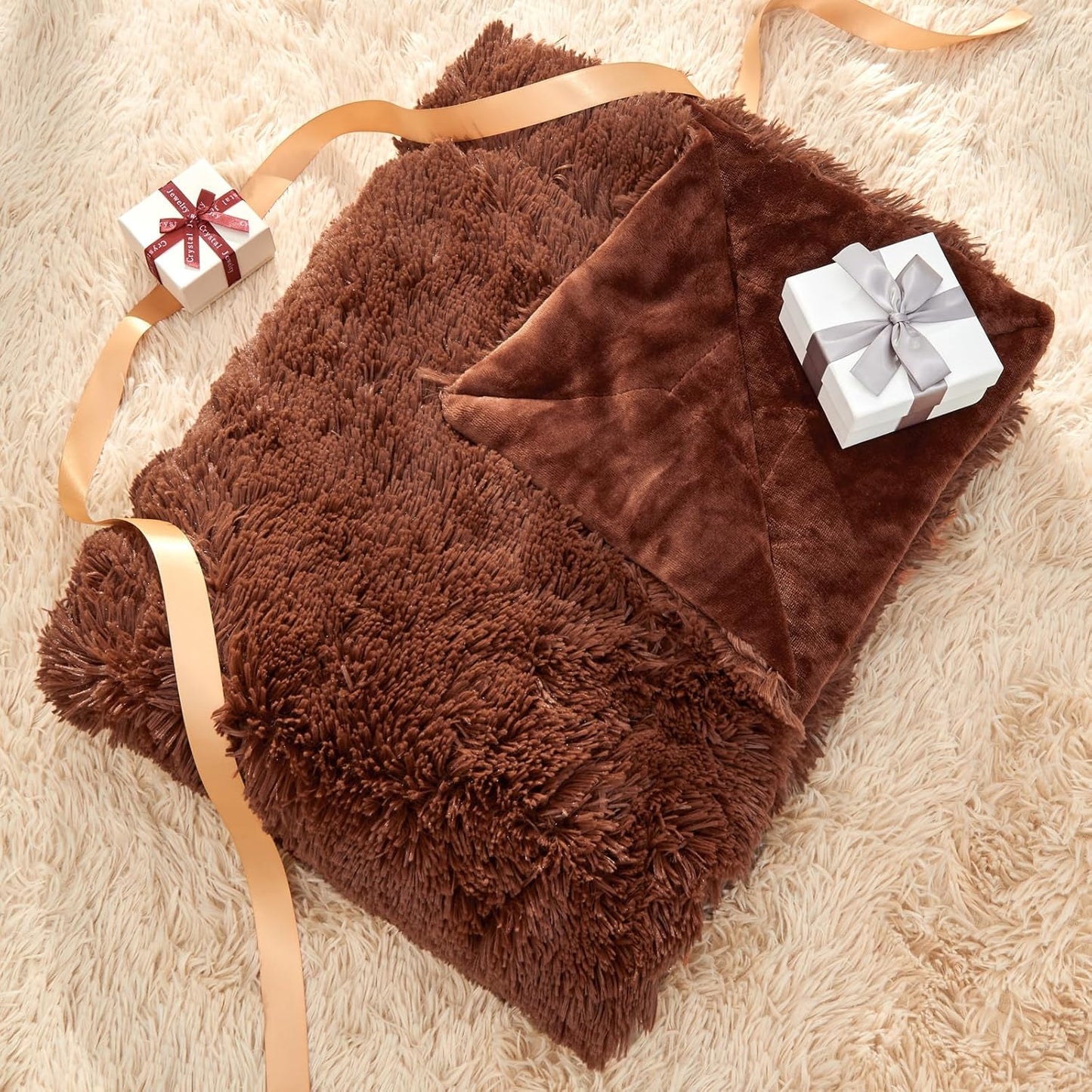 GONAAP Fuzzy Faux Fur Throw Blanket Queen Size Coffee Super Soft Cozy Plush Fuzzy Shaggy Blanket for Couch Sofa Bed (Coffee, Queen(90"x90"))