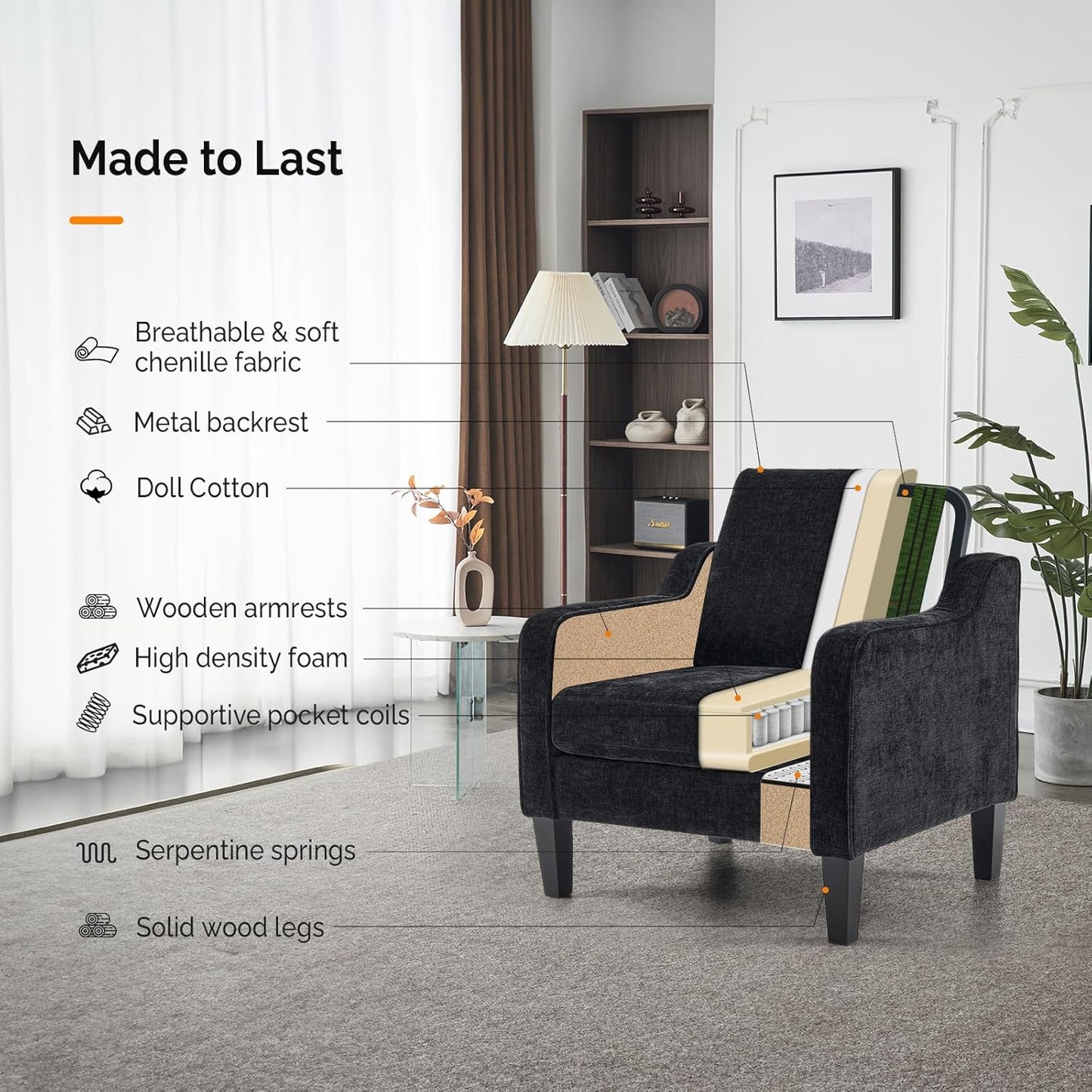 VINGLI Mid Century Modern Accent Chairs, Black Soft Chenille Reading Chair Upholstered Armchair Side Chairs Sofa Couches for Living Room, Bedroom, Apartment