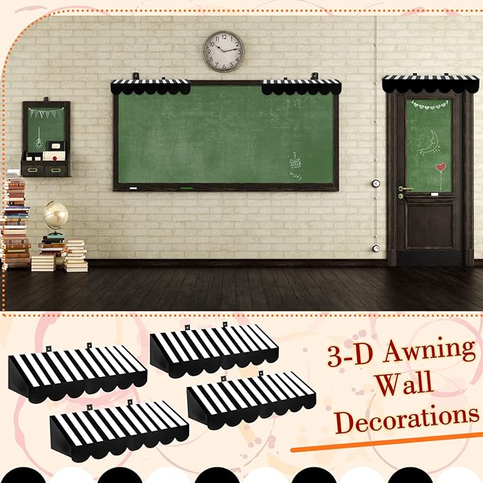 Tallew 4 Pcs 3D Circus Awning Wall Decoration Carnival Awning for Halloween Carnival Theme Party Classroom Decorations(Black and White)