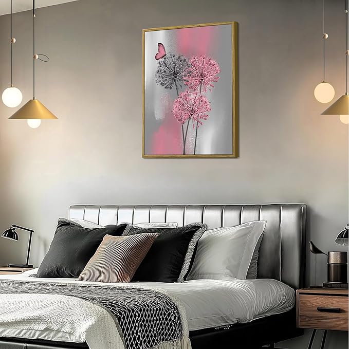 LB Pink Dandelion Framed Wall Art with Butterfly - Modern Pink Grey Canvas Wall Art for Home Contemporary Aesthetic Wall Decor for Home, Ready to Hang 17x12 Inch, Living Room Bedroom Bathroom Decor