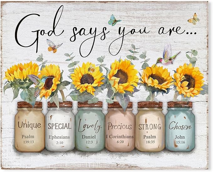 Inspirational Bible Verse Wall Art: God Says You Are Wall Sayings Sunflower in Mason Jar Picture Print Christian Gift Quotes Poster for Women Girl Bedroom Decor 12" x 15"