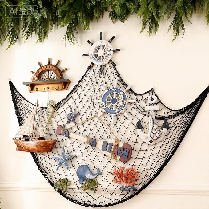 Decorative Fishing Net 5x10 ft,Patioland 3 Pack Large Black Picture Fish Net, Wall Photo Hanging Fishnet for Nautical Mermaid Pirate Ocean Themed Hawaii Beach Under The Sea Party Decorations