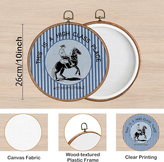KSDUT Western Cowboy Wall Art Decor - Blue Preppy Trendy Southwestern Wall Art Canvas Frame Hanging Prints, Foyer Entryway Modern Round Wall Decor for Home Dorm Decorations 10"x10"