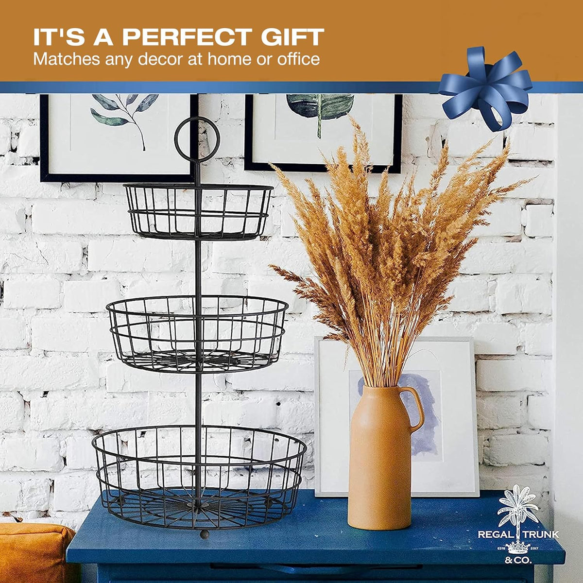 REGAL TRUNK & CO. 3 Tier Fruit Basket, Elegant French Country Wire Baskets, Three Tiered Wire Basket Stand for Vegetables, Bread & More for Countertop or Hanging, Christmas or Birthday Present