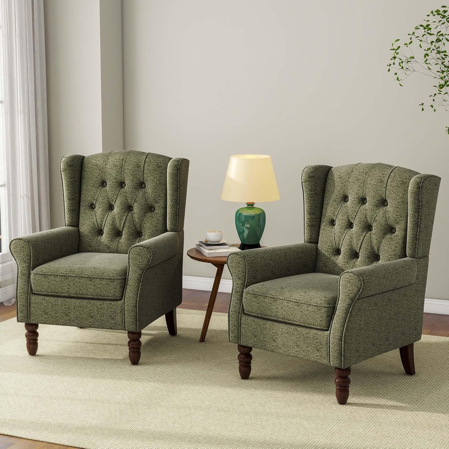 Accent Chair, Upholstered Armchair with Button Tufted High Back & Solid Wood Legs, Comfy Wingback Reading Single Sofa Chair for Small Spaces, Living Room, Bedroom (Green, Set of 1)