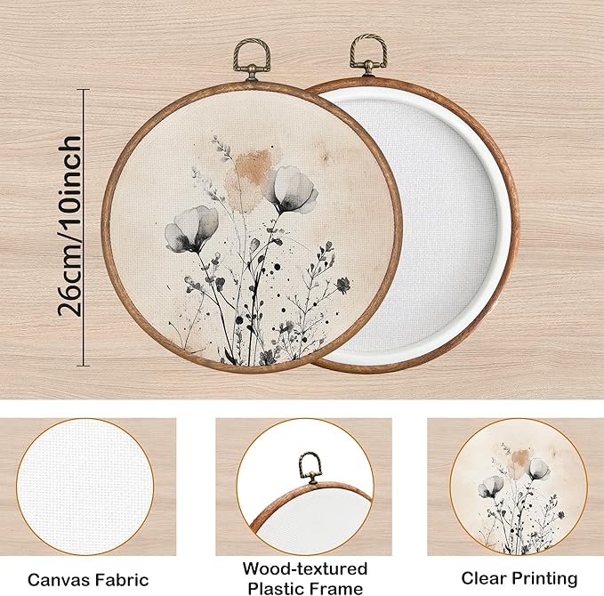 KSDUT Vintage Boho Mid Century Flower Floral Wall Decor Art - Botanical Neutral Wall Art Canvas Frame Hanging Prints, Retro Landscape Wildflower Round Wall Art Decor for Home Decorations 10"x10"