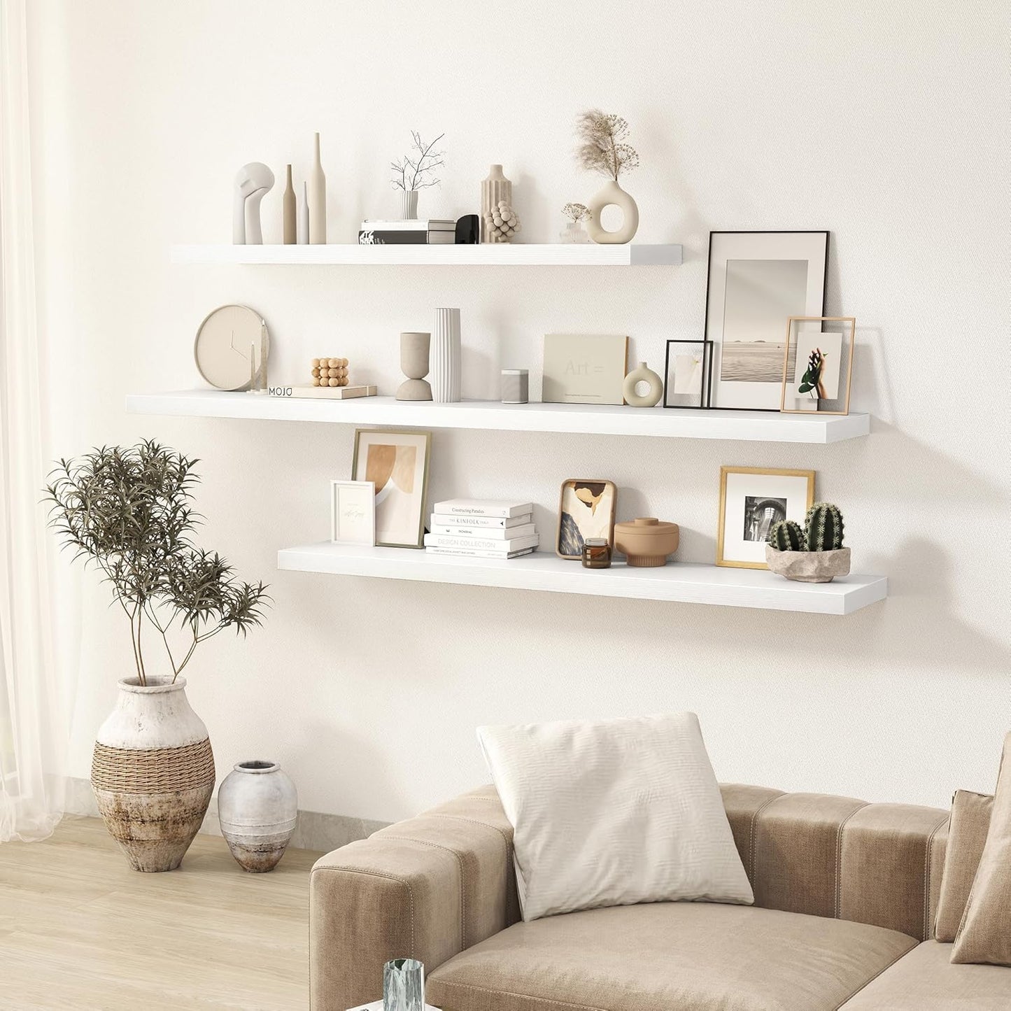 Fun Memories 72 Inch Floating Shelves for Wall 2 Pack Shelves for Bedroom|Kitchen|Bathroom 72 x 9.3 Inch Wood Floating Shelf with Invisible Brackets for Books|Storage|Decor, White