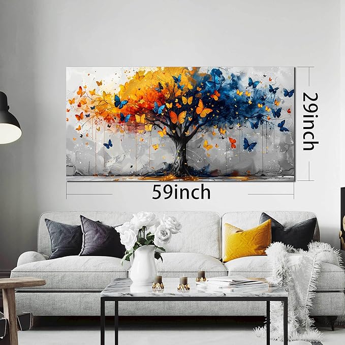 ANCXWOTER Large Tree of Life Wall Art for Living Room Bedroom Office Bathroom Butterfly Artwork Modern Canvas Prints Grey Blue and Yellow Picture Size 30x60