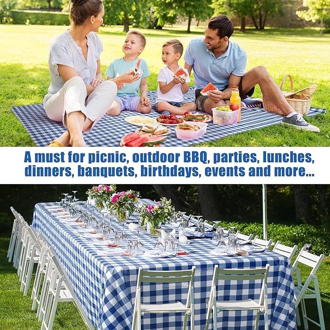 Kochorie 54 Inch x 300 Ft Blue Checkered Plastic Table Cloth Roll Disposable Waterproof Table Cover Plastic Table Cover Roll with Easy Slide Cutter for Outdoor Picnic/Home Dining/Spring Party
