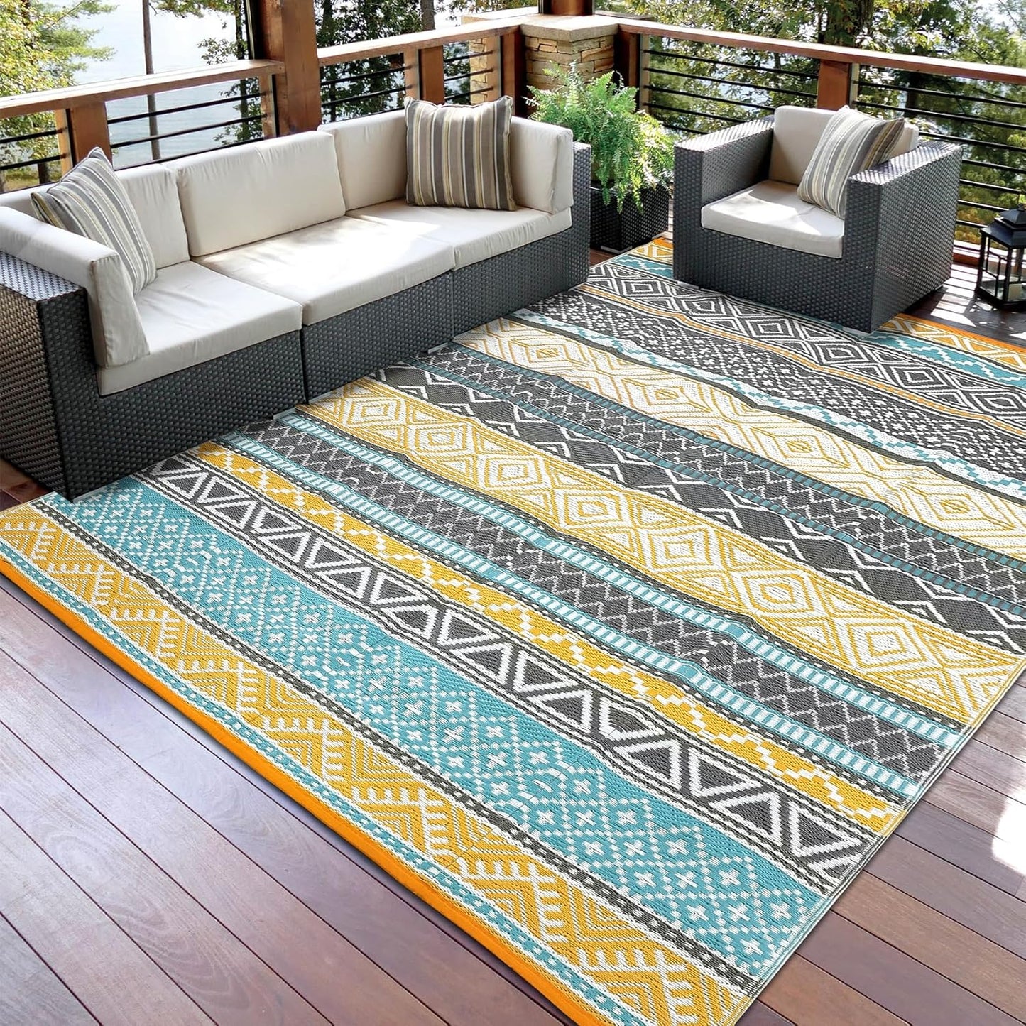 GAOMON Outdoor Rugs Patio Camping Waterproof Rug 6'x9' Plastic Straw Patio Rug Portable for Campers, Outside RVs Mat for Patios Clearance, Backyard Porch, Balcony, Teal/Yellow(Bohemia)