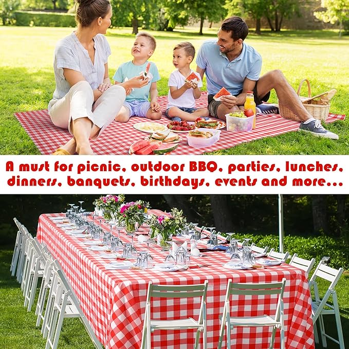 Kochorie 54 Inch x 500 Ft Red Checkered Plastic Table Cloth Roll Disposable Waterproof Table Cover Plastic Table Cover Roll with Easy Slide Cutter for Outdoor Picnic/Home Dining/Summer Party