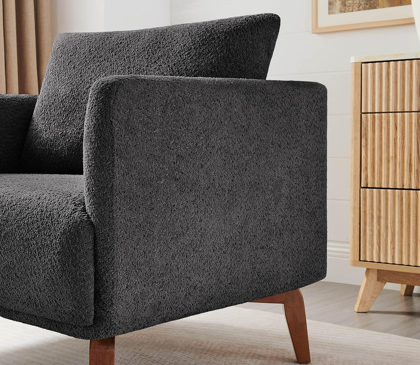 Oversized Accent Chair Modern Boucle Armchair for Living Room- 37" Wide Accent Chair with Solid Wood Legs, Dark Gray Upholstered Lounge Chair for Bedroom & Office, Cozy Reading Chair (Easy Assembly)