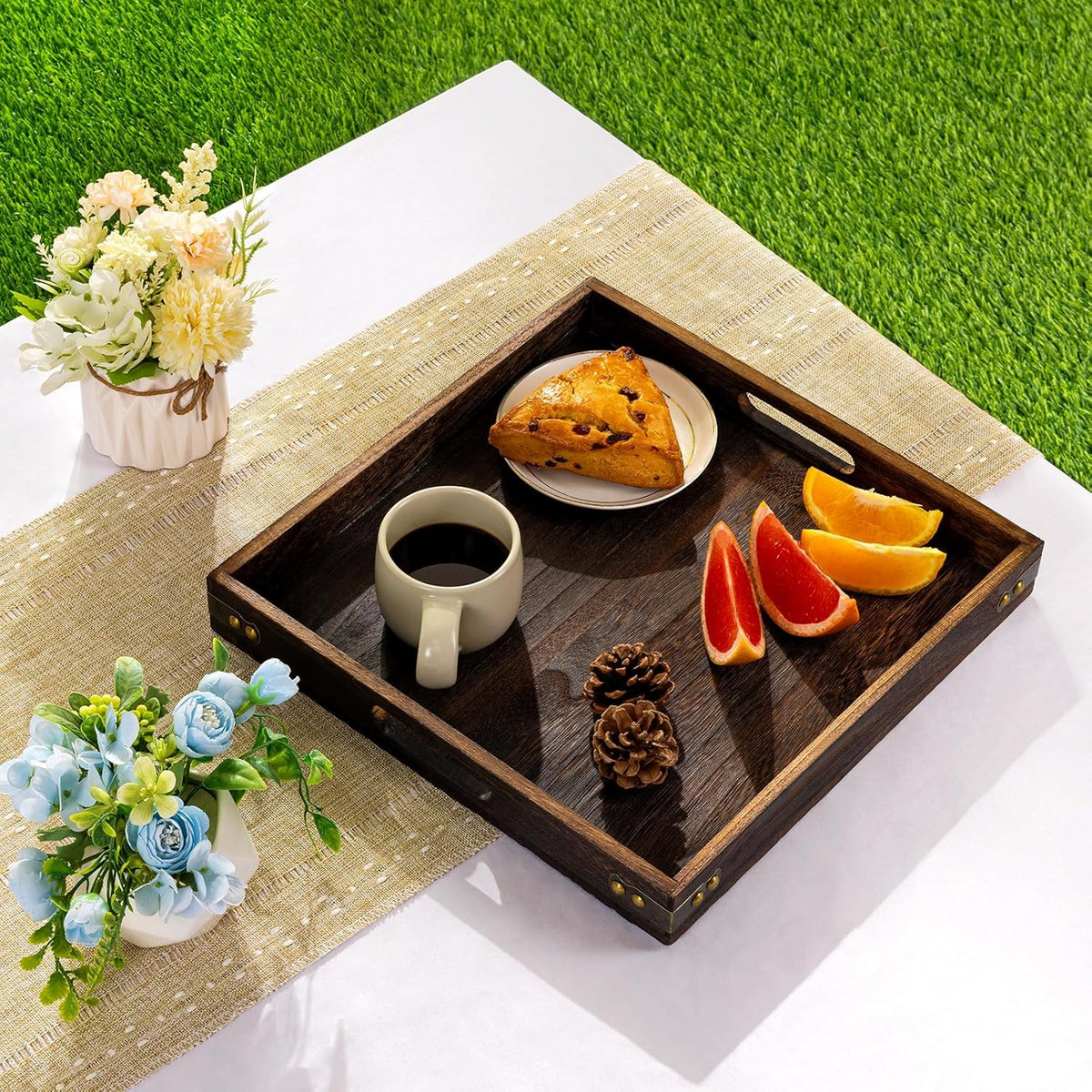 Yangbaga Serving Tray with Handles,12.5"*12.5"Wood Decorative Tray for Living Room,Modern Coffee Table Tray,Square Large Serving Platters for Home Decor,Ottoman,Bed,Kitchen,Bathroom, Breakfast,Bar