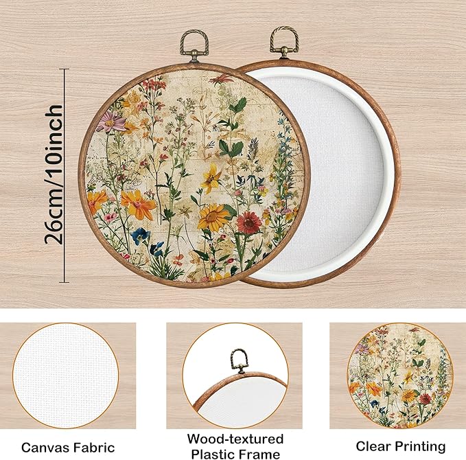 KSDUT Boho Flower Floral Wall Decor Art - Botanical Neutral Wall Art Canvas Frame Hanging Prints, Vintage Landscape Wildflower Round Wall Art Decor for Home Decorations 10"x10"