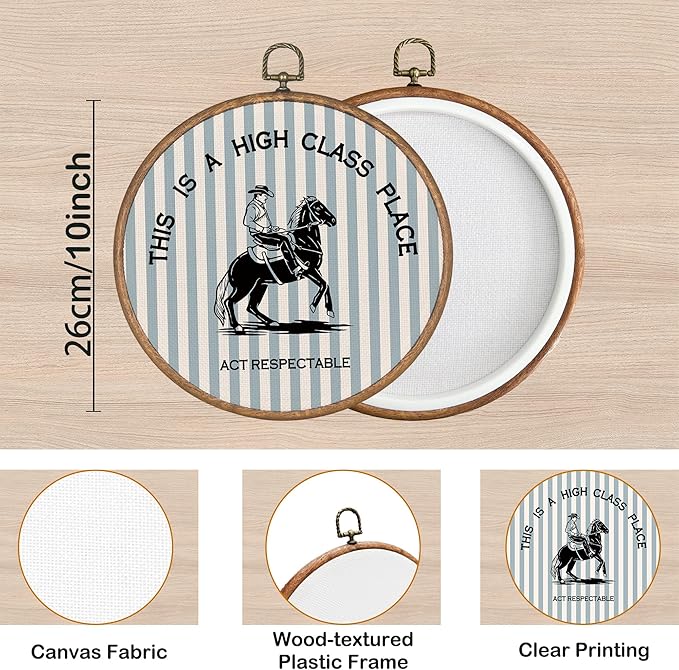 KSDUT Western Cowboy Wall Art Decor - Sky Blue Stripe Preppy Trendy Southwestern Wall Art Canvas Frame Hanging Prints, Foyer Entryway Modern Round Wall Decor for Home Dorm Decorations 10"x10"