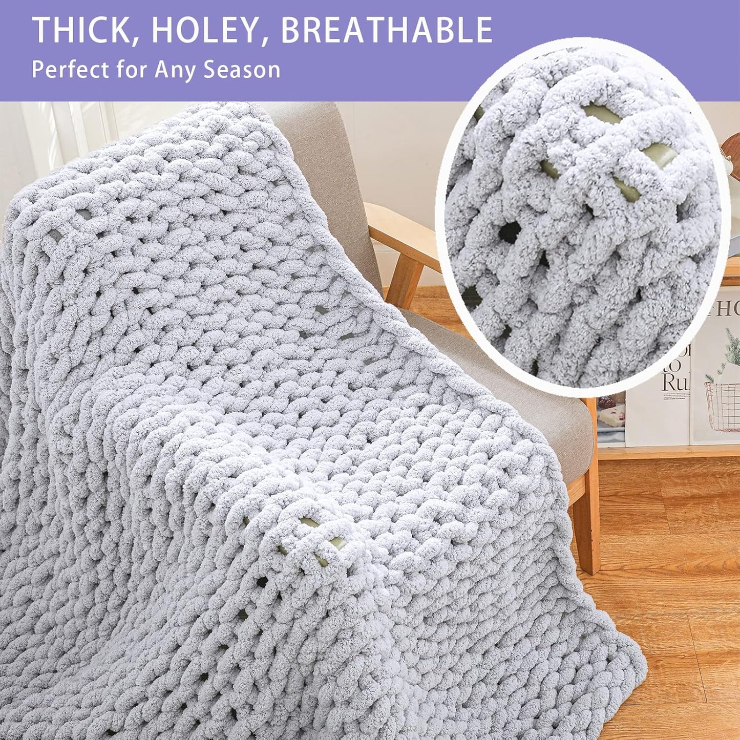 Bigacogo Chunky Knit Throw Blanket for Couch, 51x63 inches, 100% Hand Knitted with Thick Jumbo Chenille Yarn, Cozy Soft Large Rope Knot Cable Crochet Blankets for Sofa Bed Living Room, Light Grey